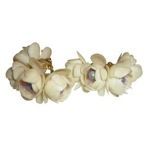 Vintage Flower Clip On Earrings Cream Pearl Center Floral Costume Jewelry